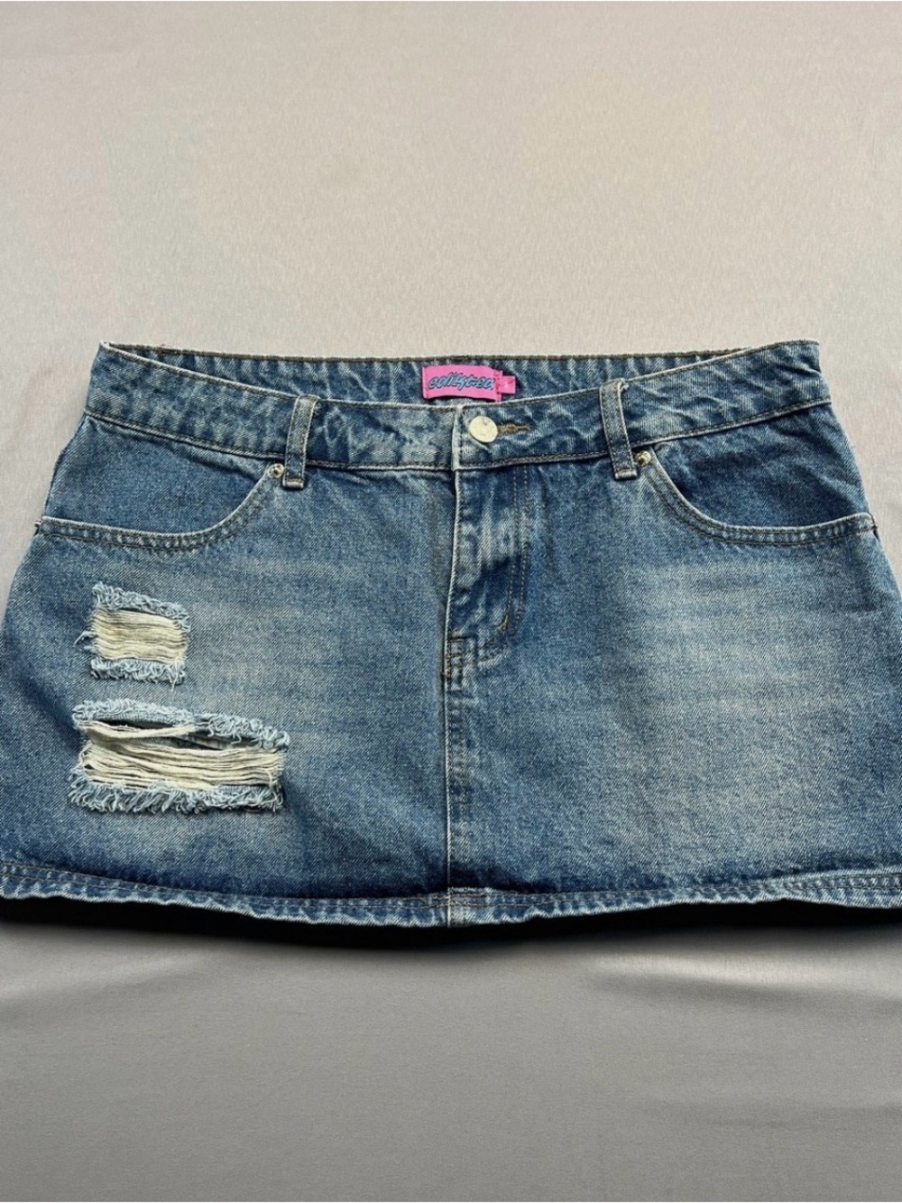 Edikted Blue Distressed Denim Mini Skirt